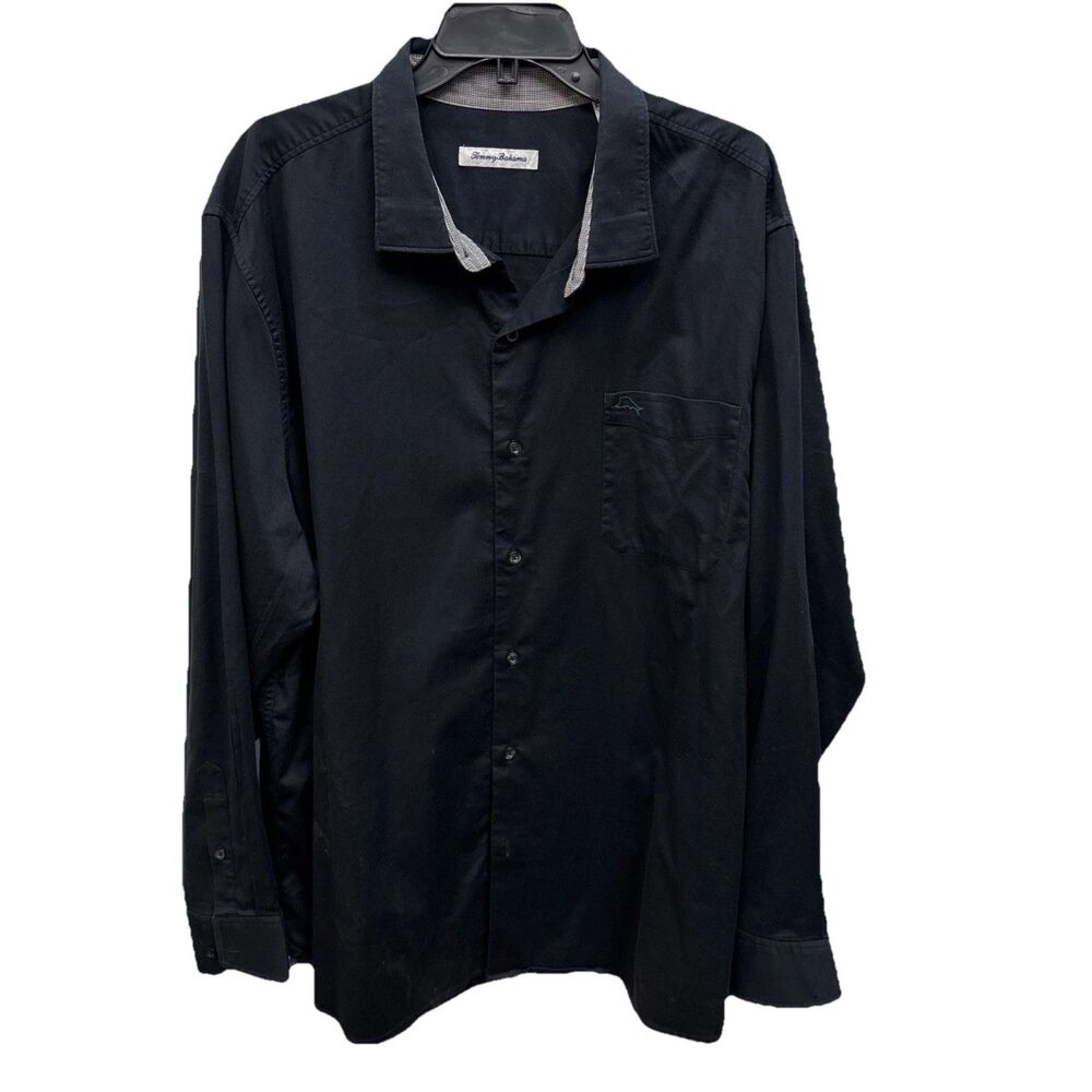 Tommy Bahama Black Men Long Sleeve Button-Up Shirt XXL Logo Pocket Cotton Silk